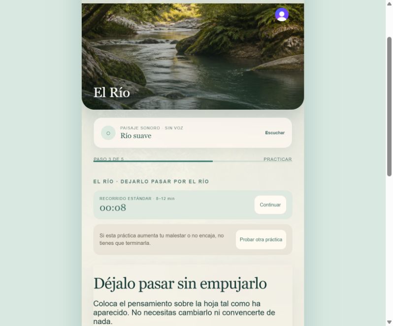 Práctica real del Río: un pensamiento sobre una hoja y el botón para dejarlo seguir la corriente